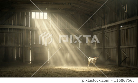 A young calf stands in a sunlit barn with beams of light streaming through the windows, creating a serene and peaceful farm scene. 116867563
