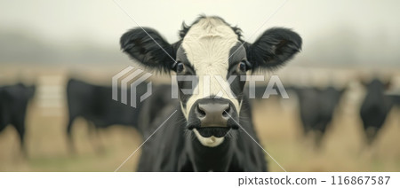 Close-up of a curious black and white cow in a field with other cows in the background on a foggy day. Close-up of a curious black and white cow in a field with other cows in the background on a foggy day. 116867587