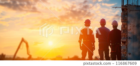 Construction workers on a building site at sunset, creating a beautiful silhouette against a colorful sky, showcasing hard work and dedication. 116867609