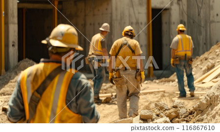 Construction workers on a building site, wearing safety gear and helmets, working diligently under the sun on a new project. 116867610
