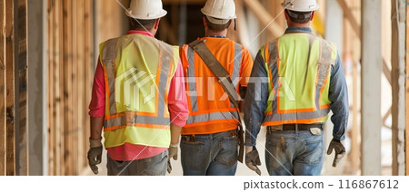 Construction workers walking at a building site wearing safety gear, including hard hats and reflective vests, seen from the back. 116867612