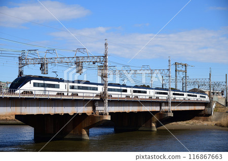 Keisei Skyliner crossing the quadruple track section of Nakagawa Bridge Keisei Skyliner crossing the quadruple track section of Nakagawa Bridge 116867663