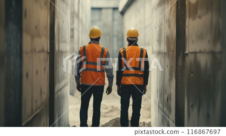 Two construction workers in high-visibility vests and hard hats walking through a concrete construction site corridor. Two construction workers in high-visibility vests and hard hats walking through a concrete construction site corridor. 116867697