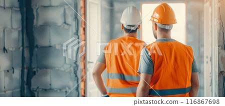 Two construction workers in orange safety vests and hard hats inspecting a building site, ensuring safety and progress check. 116867698