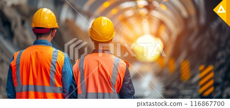 Two construction workers in safety gear work in a tunnel with glowing light, emphasizing teamwork, safety, and engineering. 116867700