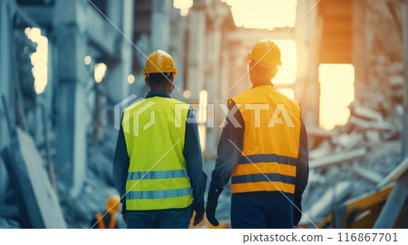 Two construction workers in safety vests and hard hats at a construction site during sunrise, symbolizing teamwork and progress. 116867701