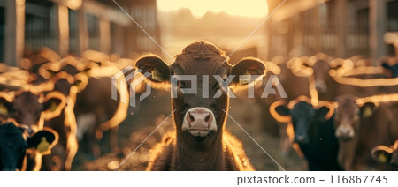 A close-up of a young cow standing in a barn with sunlight filtering through, surrounded by other cows. Rural farming scene. 116867745