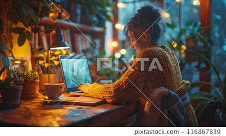 Girl working on laptop at home office. Work - life integration concepts. 116867839