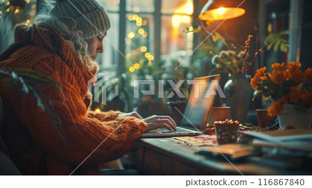 Girl working on laptop at home office. Work - life integration concepts. 116867840