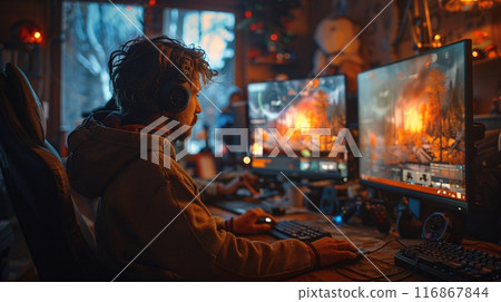 Man working on laptop at home office. Work - life integration concepts. 116867844