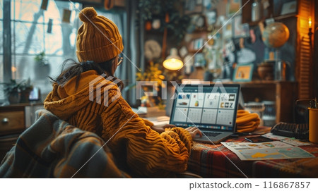 Girl working on laptop at home office. Work - life integration concepts. Girl working on laptop at home office. Work - life integration concepts. 116867857