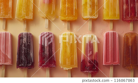 Popsicle ice cream. Frozen ice refreshment for summer. 116867863