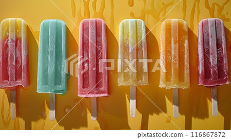 Popsicle ice cream. Frozen ice refreshment for summer. 116867872
