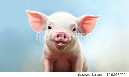 An adorable baby piglet sitting on white clouds with rainbow on blue sky background, showcasing its innocence and charm. An adorable baby piglet sitting on white clouds with rainbow on blue sky background, showcasing its innocence and charm. 116868021