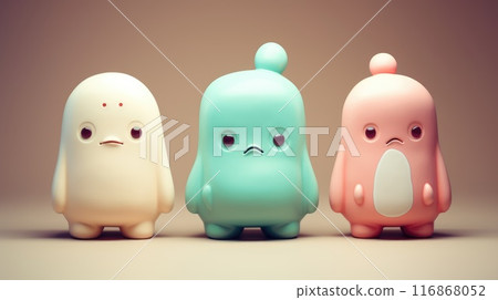 Three colorful cute cartoon characters isolated on a pastel blue background. Three colorful cute cartoon characters isolated on a pastel blue background. 116868052