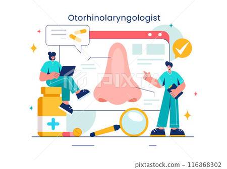 Vector Illustration of an Otorhinolaryngologist in a Healthcare Setting, Relating to Medical Issues of the Ear, Nose and Throat in a Flat Background Vector Illustration of an Otorhinolaryngologist in a Healthcare Setting, Relating to Medical Issues of the Ear, Nose and Throat in a Flat Background 116868302
