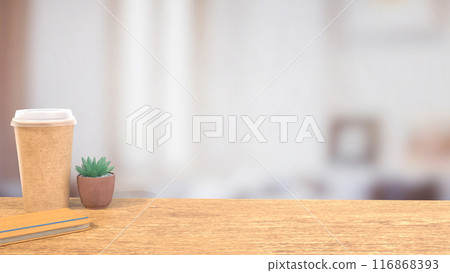 The coffee cap on wood table for Background concept 3d rendering. 116868393