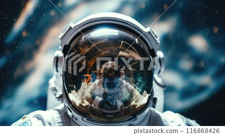 Astronaut helmet with the reflection of the planet Earth and stars in the visor 116868426