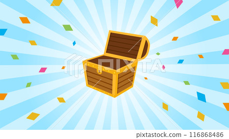 Vector illustration of a treasure chest, focus lines and confetti Vector illustration of a treasure chest, focus lines and confetti 116868486