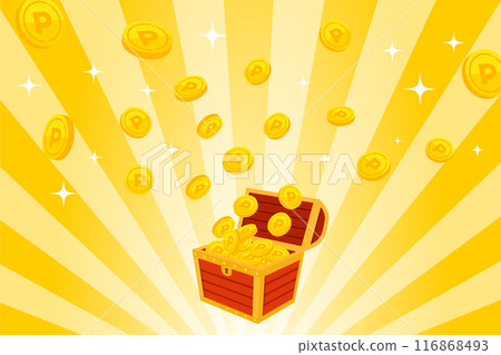 A red treasure chest with coins and concentrated lines and glitter 116868493