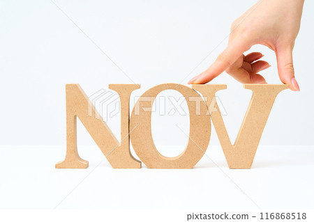 Wooden alphabet blocks arranged to spell out "NOV" 116868518
