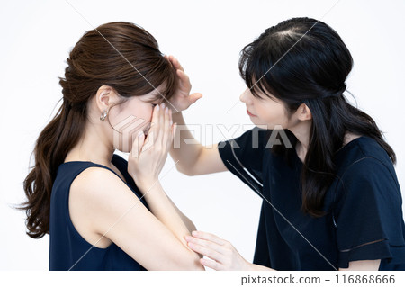 A middle-aged woman comforting a sad young woman A middle-aged woman comforting a sad young woman 116868666
