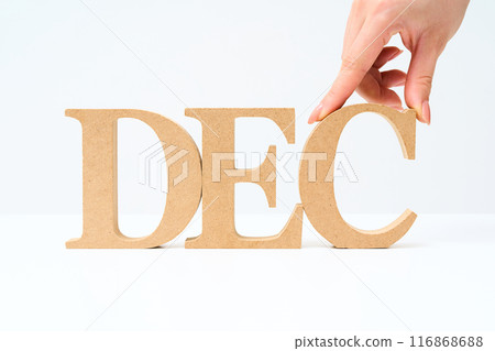 Wooden alphabet blocks arranged in the alphabet "DEC" Wooden alphabet blocks arranged in the alphabet "DEC" 116868688