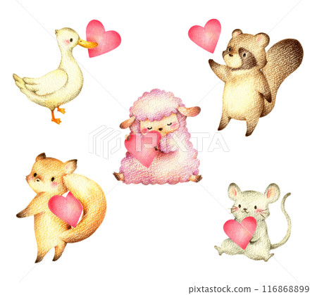 Set 1 of various animals holding red hearts Hand-drawn colored pencil drawings 116868899