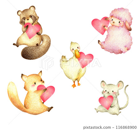 各種紅心動物2手繪彩色鉛筆圖 116868900
