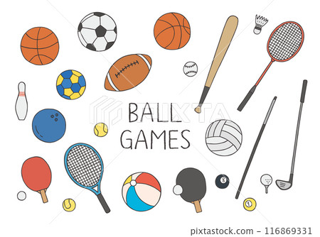 Hand-drawn illustrations (color) of balls for various ball games Hand-drawn illustrations (color) of balls for various ball games 116869331