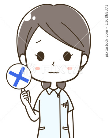 Upper body illustration of a young female nurse holding a cross sign 116869373