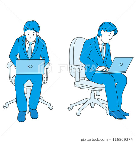 坐在椅子上操作筆記型電腦的商務人士（男）插畫素材 116869374