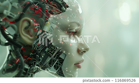 Picture a sophisticated female cyborg with advanced AI in a futuristic environment 116869526