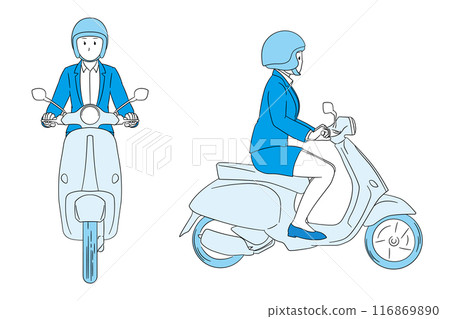 Illustration of a business person (female) driving a scooter Illustration of a business person (female) driving a scooter 116869890
