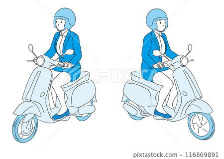 Illustration of a business person (female) driving a scooter seen from an angle Illustration of a business person (female) driving a scooter seen from an angle 116869891