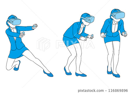 戴著VR眼鏡享受虛擬實境的商務人士（女）插畫素材 116869896
