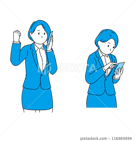 Illustration of a business person (female) making a fist pump while talking on a mobile phone and operating the phone 116869899