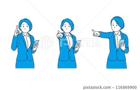 Illustration of a business person (female) holding a smartphone and pointing Illustration of a business person (female) holding a smartphone and pointing 116869900