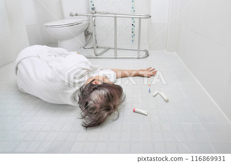 Senior woman falling in bathroom because slippery surfaces. Senior woman falling in bathroom because slippery surfaces. 116869931
