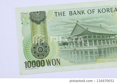 Korean national bank has issued banknotes in denominations cash of 10000 Won at South Korea rear view Korean national bank has issued banknotes in denominations cash of 10000 Won at South Korea rear view 116870052