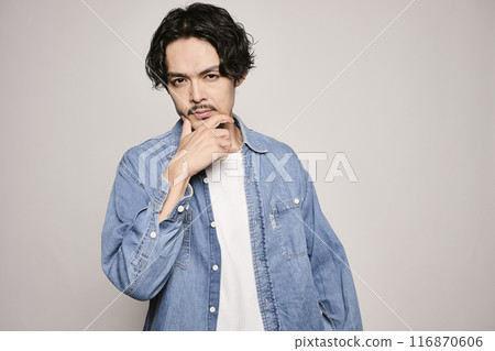 Unique man in denim shirt on white background 116870606