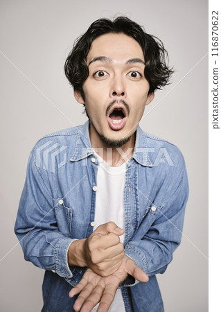 Unique man in denim shirt on white background 116870622