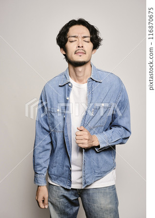 Unique man in denim shirt on white background 116870675