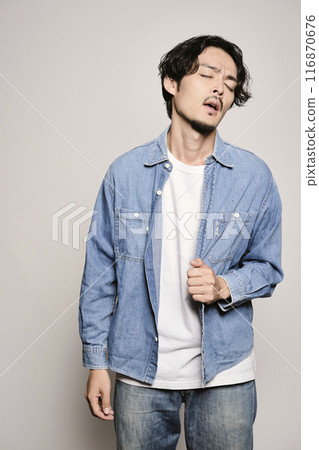 Unique man in denim shirt on white background 116870676