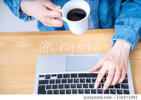 A woman's hands using a laptop while drinking coffee [Parts cut] 116871091