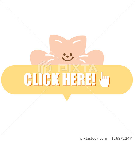 CLICK HERE tag with cat for online shopping, marketing, promotion, sticker, banner, special price, discount, social media, print, ad template, sign, symbol, campaign, web, mobile, animal, button 116871247