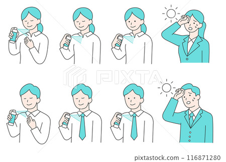Simple illustration of a man and woman spraying cooling spray on their clothes Simple illustration of a man and woman spraying cooling spray on their clothes 116871280