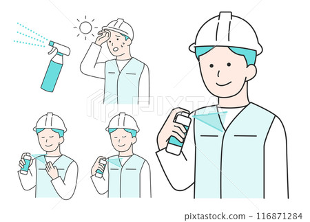 A simple illustration of a male worker spraying cooling spray on his clothes 116871284