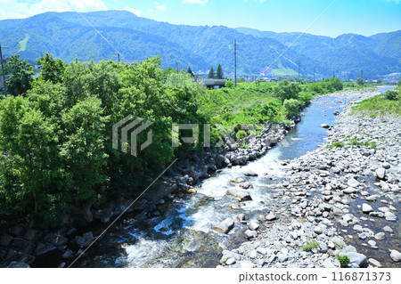 新潟縣湯澤町穴澤川公園週邊的清流魚野川風景 116871373