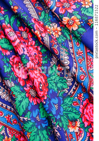 Blue Russian winter scarf with vivid floral design. Blue Russian winter scarf with vivid floral design. 116871522